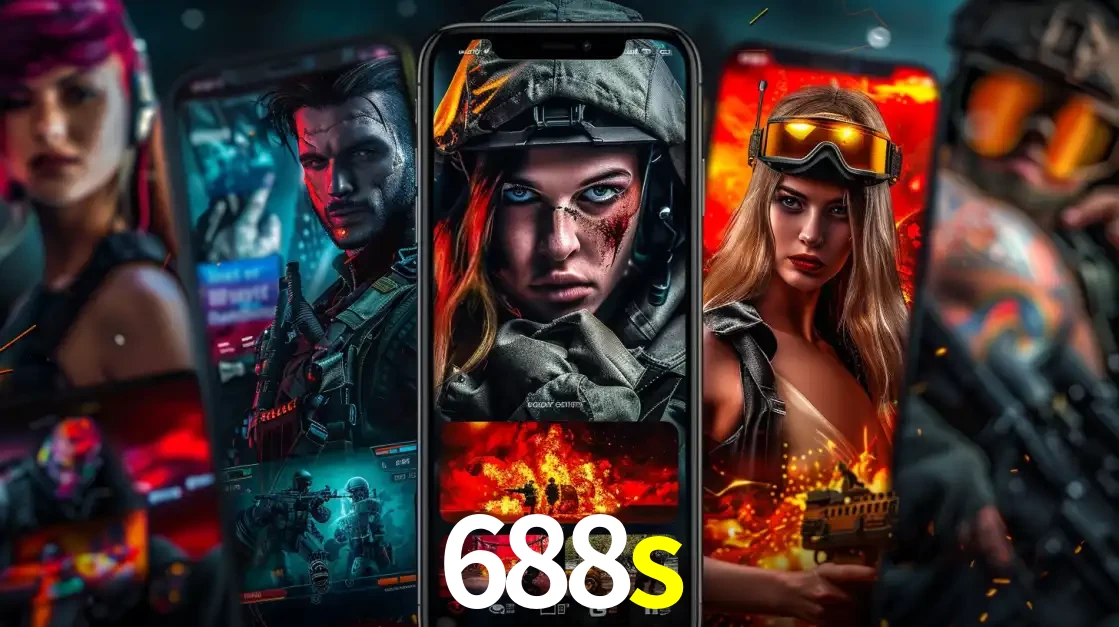 Montagem de telas de celular mostrando diversos personagens, masculinos e femininos, de um jogo de tiro, ilustrando a diversidade de equipes de e-sports para apostar no 688s.
