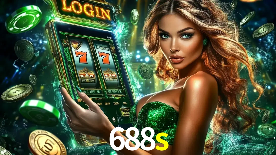 Mulher com tema verde apresentando o aplicativo do cassino 688s com um jogo de slot de 777, cercada por fichas de cassino e uma aura de sorte.