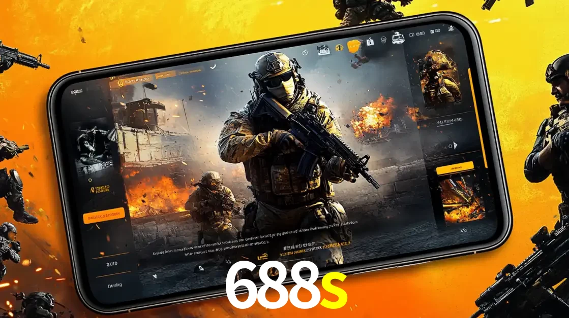 Um smartphone exibindo a interface de um jogo de tiro em primeira pessoa, com um soldado em um cenário de batalha, representando a ação dos e-sports para apostar no 688s.