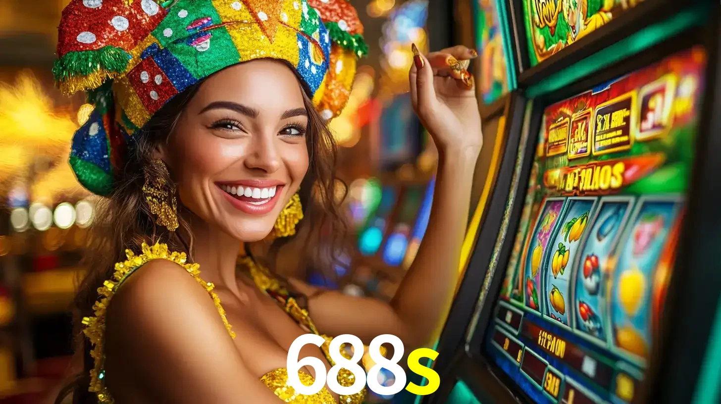 Mulher feliz com traje de carnaval amarelo e colorido ao lado de uma máquina de caça-níqueis, aproveitando a diversão e os jogos temáticos do cassino 688s.