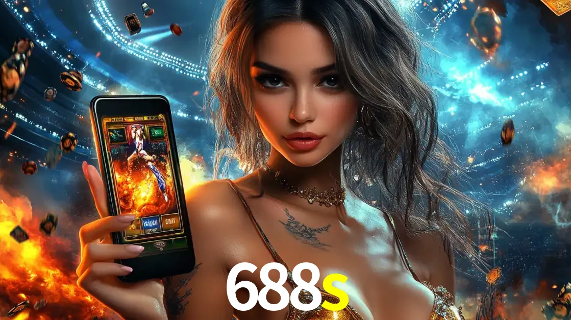Mulher segurando um celular com um jogo de slot em destaque, tendo como fundo um estádio vibrante, simbolizando a emoção de jogar no cassino móvel 688s.